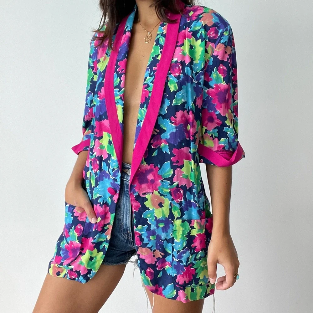 Vintage Floral Blazer with Pink and Blue Accents - Picture 1 of 8